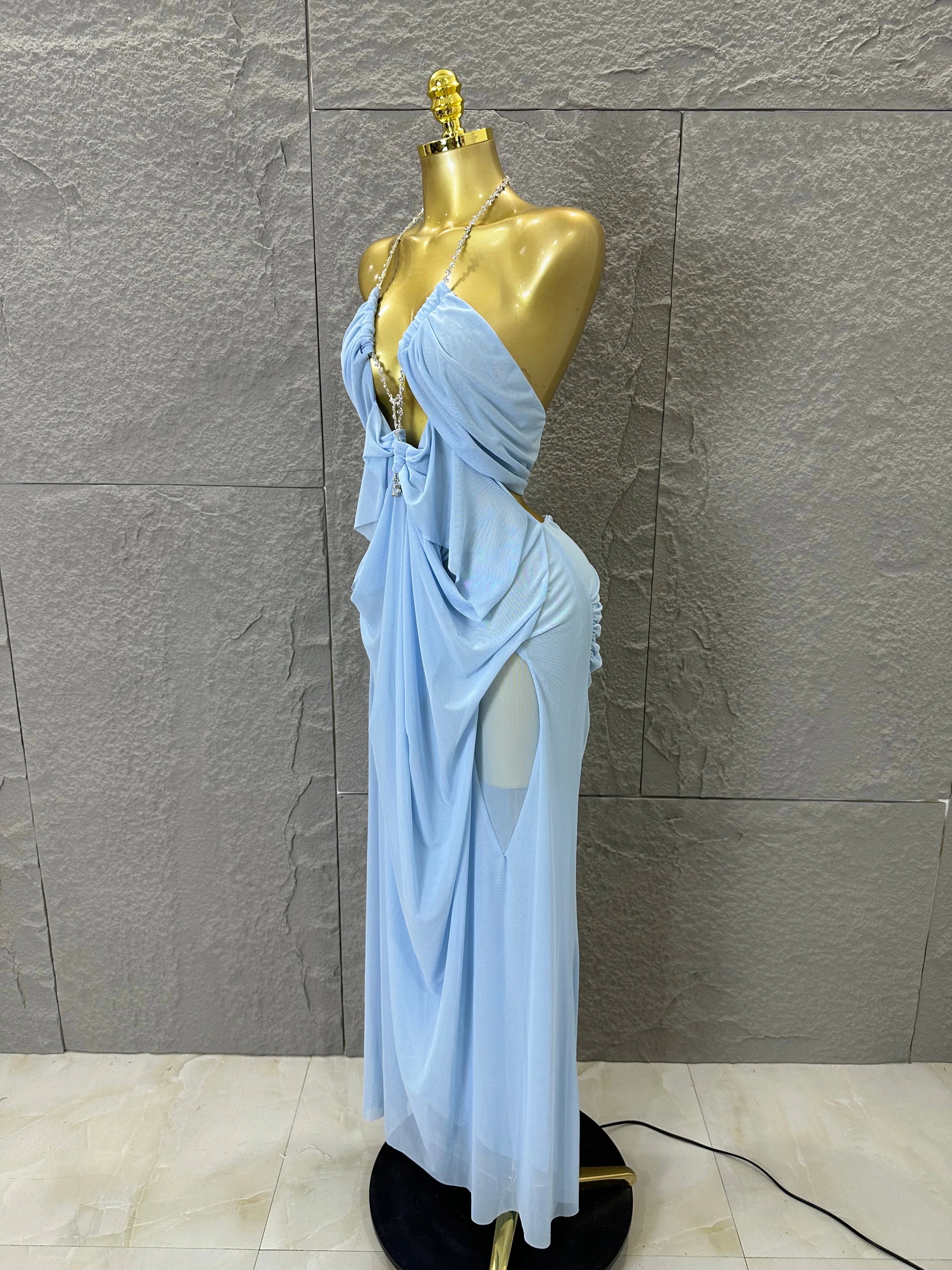 Sexy Halter Neck Maxi Dress Crystal Chain Cutout Ruched Women Sheer Mesh Form Outfit Glamorous Evening Gala Party Costume