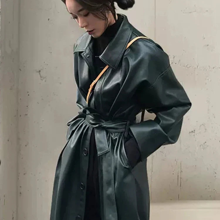 Autumn Long Black Cool PU Leather Trench Coat for Women Belt Single Breasted Loose Korean Fashion Wholesale Clothes 2022 Dark green