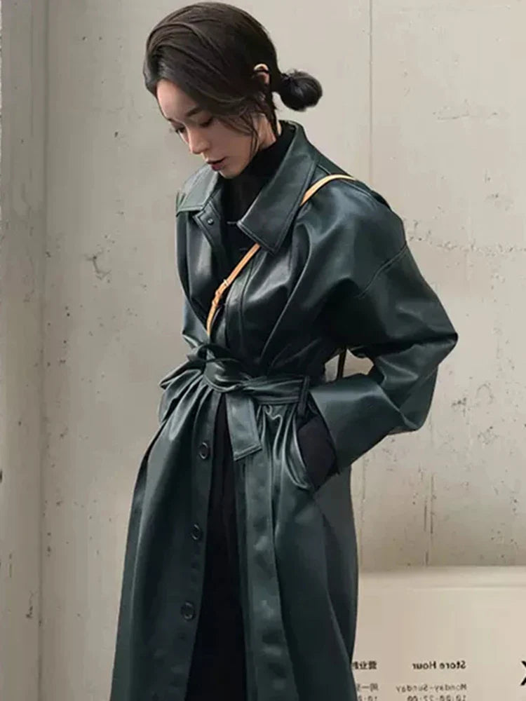 Autumn Long Black Cool PU Leather Trench Coat for Women Belt Single Breasted Loose Korean Fashion Wholesale Clothes 2022 Dark green