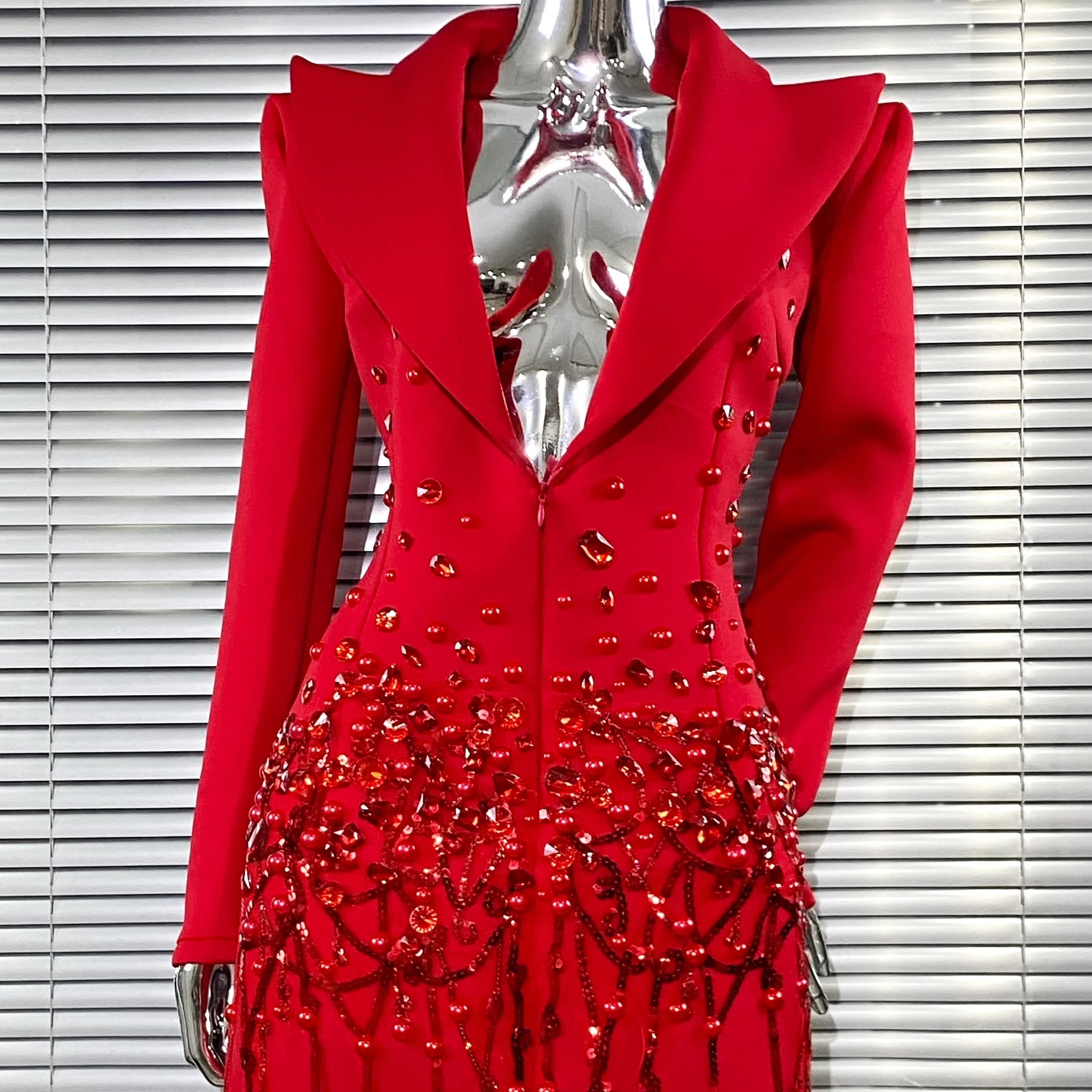 2025 Luxury Diamonds Shining Sequins Deep V-Neck Mini Suit Dress Fashion Woman Birthday Party Dress Stage Performance Costume Red