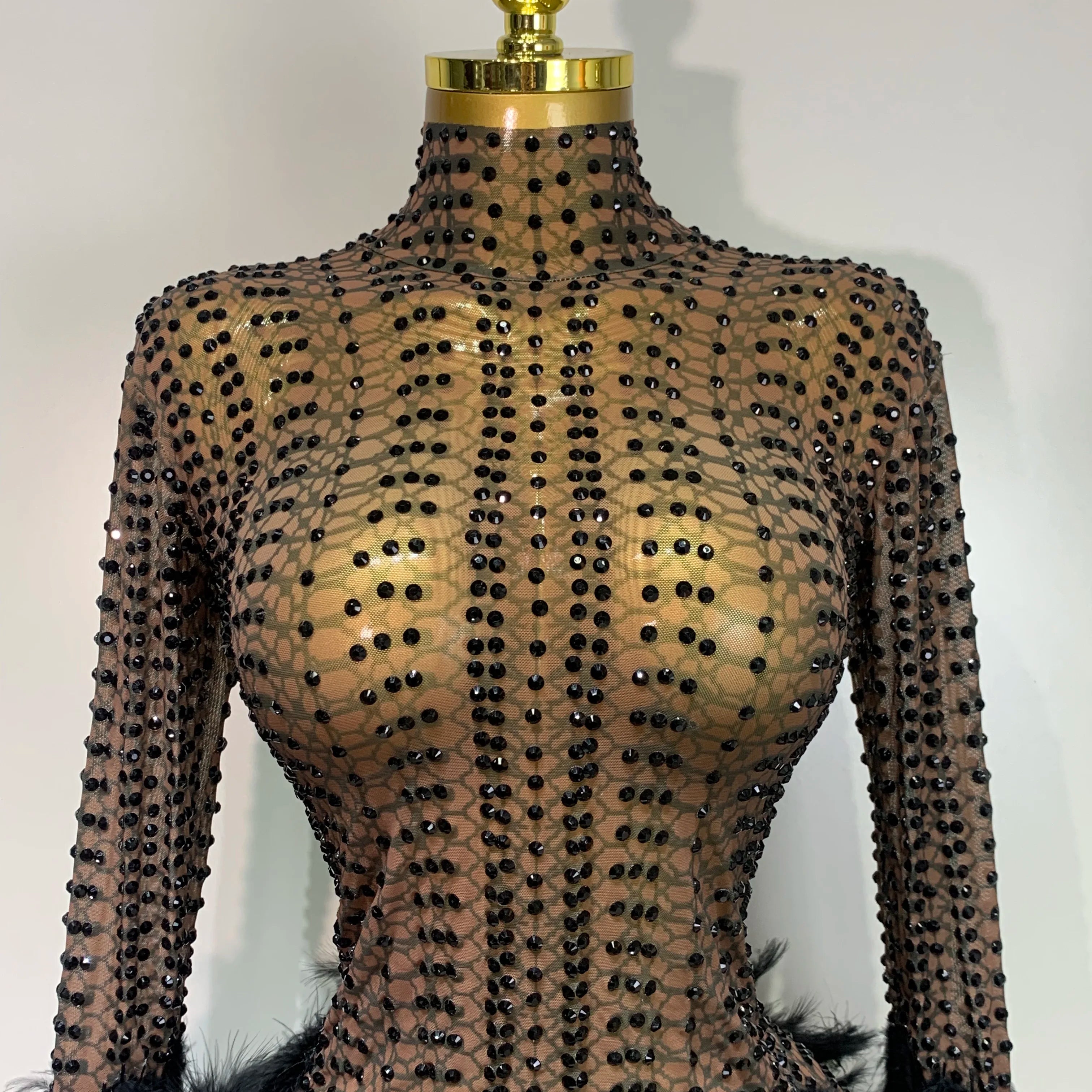 Women Luxury Birthday Dress Rhinestones Mesh Feathers Bodycon Mini Celebrity Evening Club Party Dress Nightclub Stage Outfit