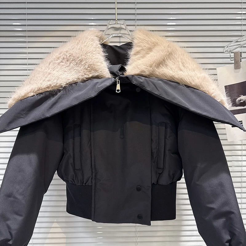 Winter New Fashiona Zipper Big Fur Sailor Collar Waist-Cinching Short Cotton Jacket For Women Short Coat 11A07588