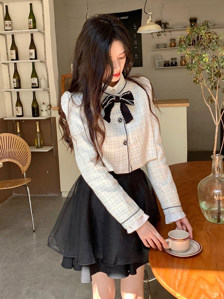 Spring Elegant Vintage 2 Piece Dress Set Women Sweet Blazers Suits Y2k Crop Tops + Mini Skirt Female Korea Fashion Clothing