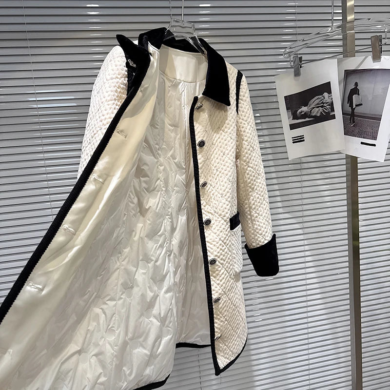 Winter New Fashion Velvet Bow Beaded Cotton Liner Long Trench For Women Elegant High-end Windbreaker Female 11A07766