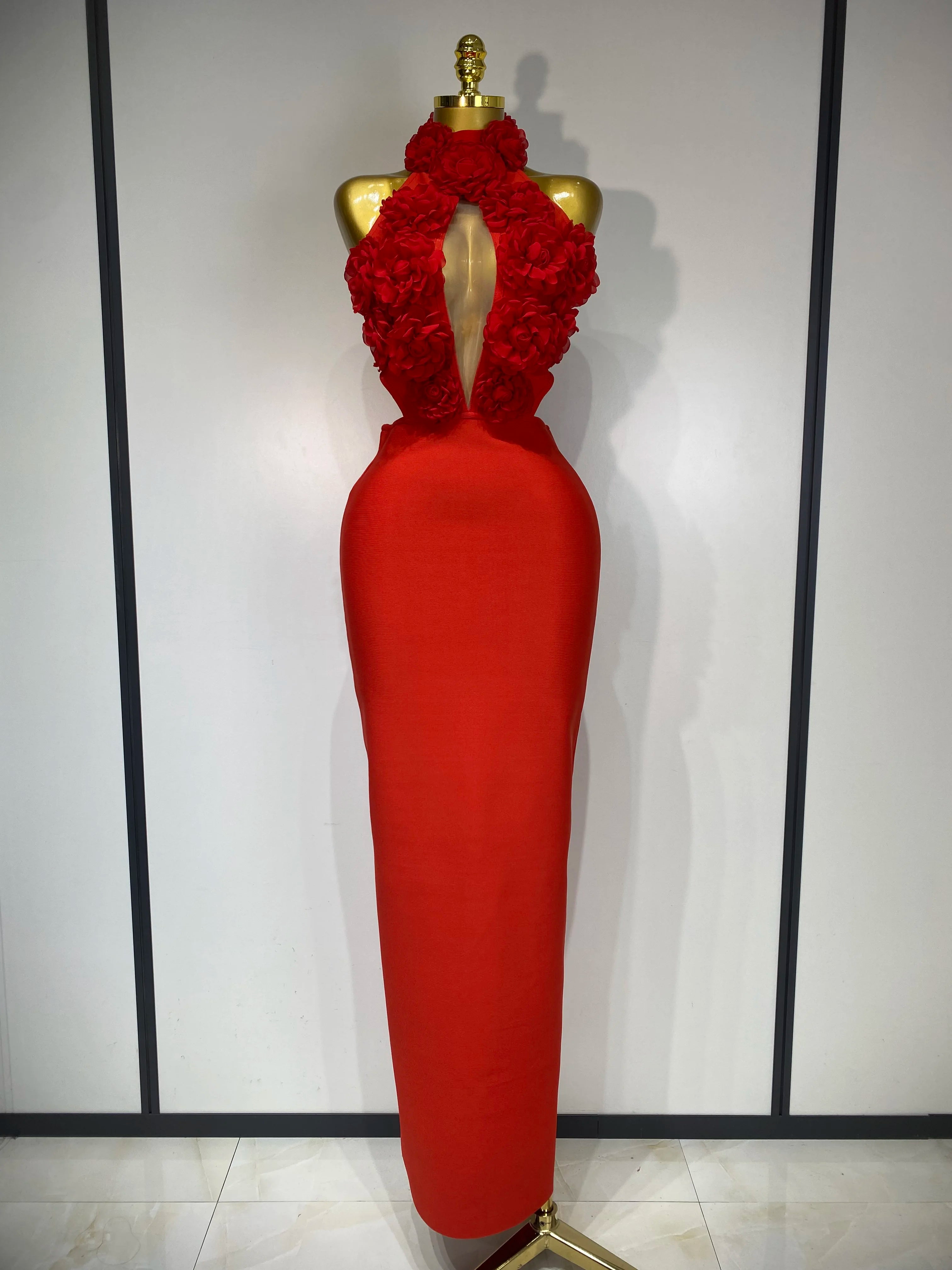 2025 New Women Sexy Halter Hollow Out Flowers Bodycon Bandage Dress Red Backless Elegant Party Luxury Birthday Wedding Dresses Red