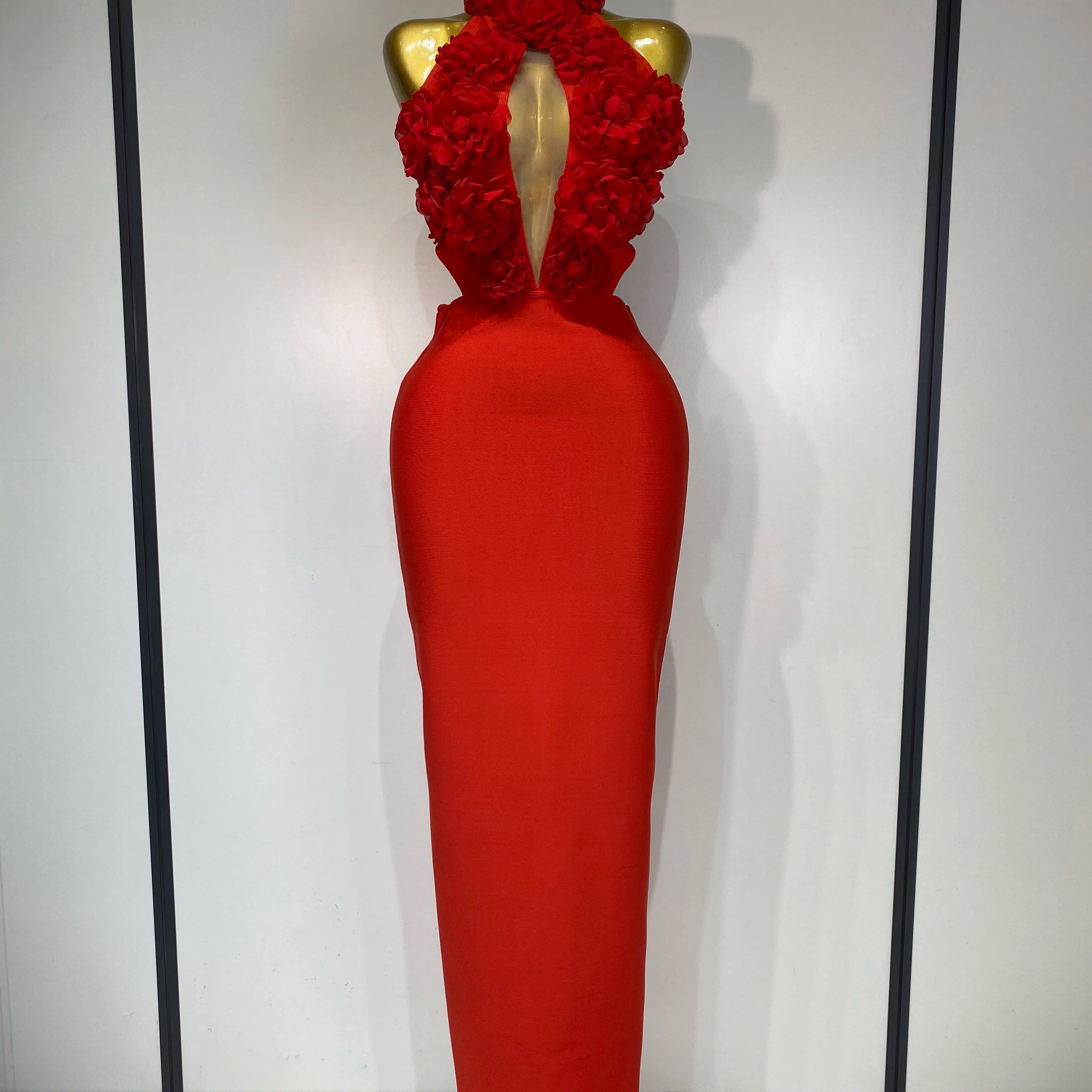 Women Sexy Halter Hollow Out Flowers Bodycon Bandage Dress Red Backless Celebirty Elegant Party Luxury Birthday Wedding Dresses Red