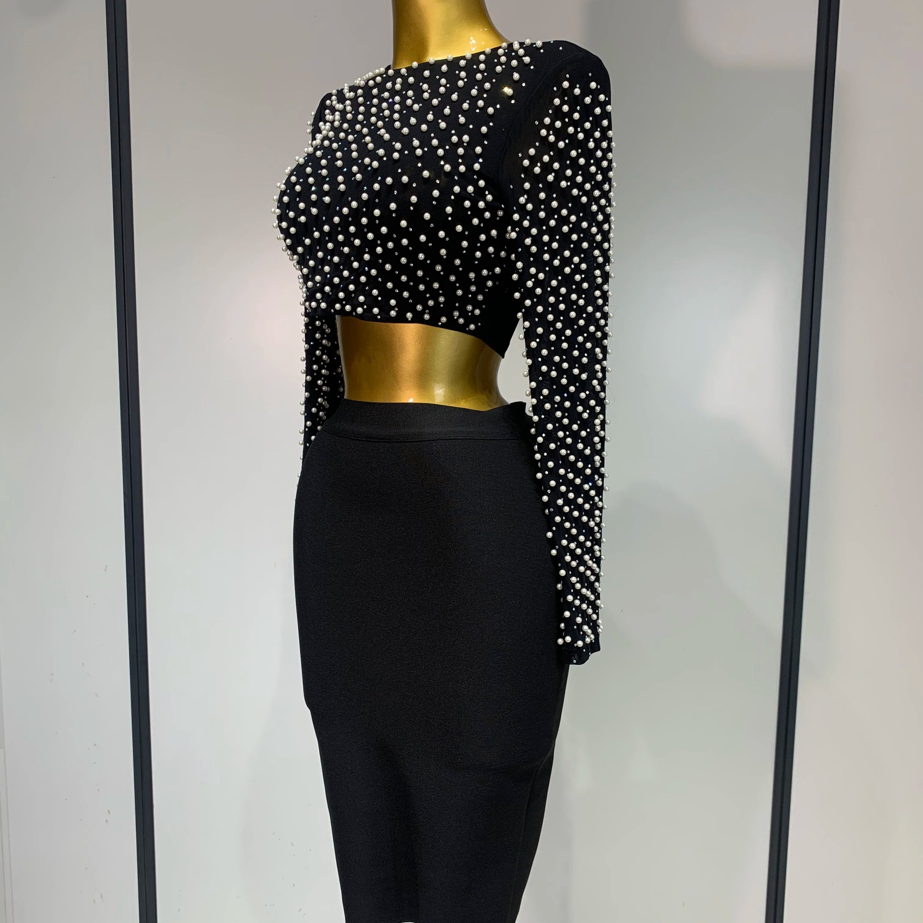 Women Sexy Long Sleeve Mesh Pearl Black Top Celebrity Midi Women Bandage Set 2025 Designer Evening Party Birthday Two Piece Set