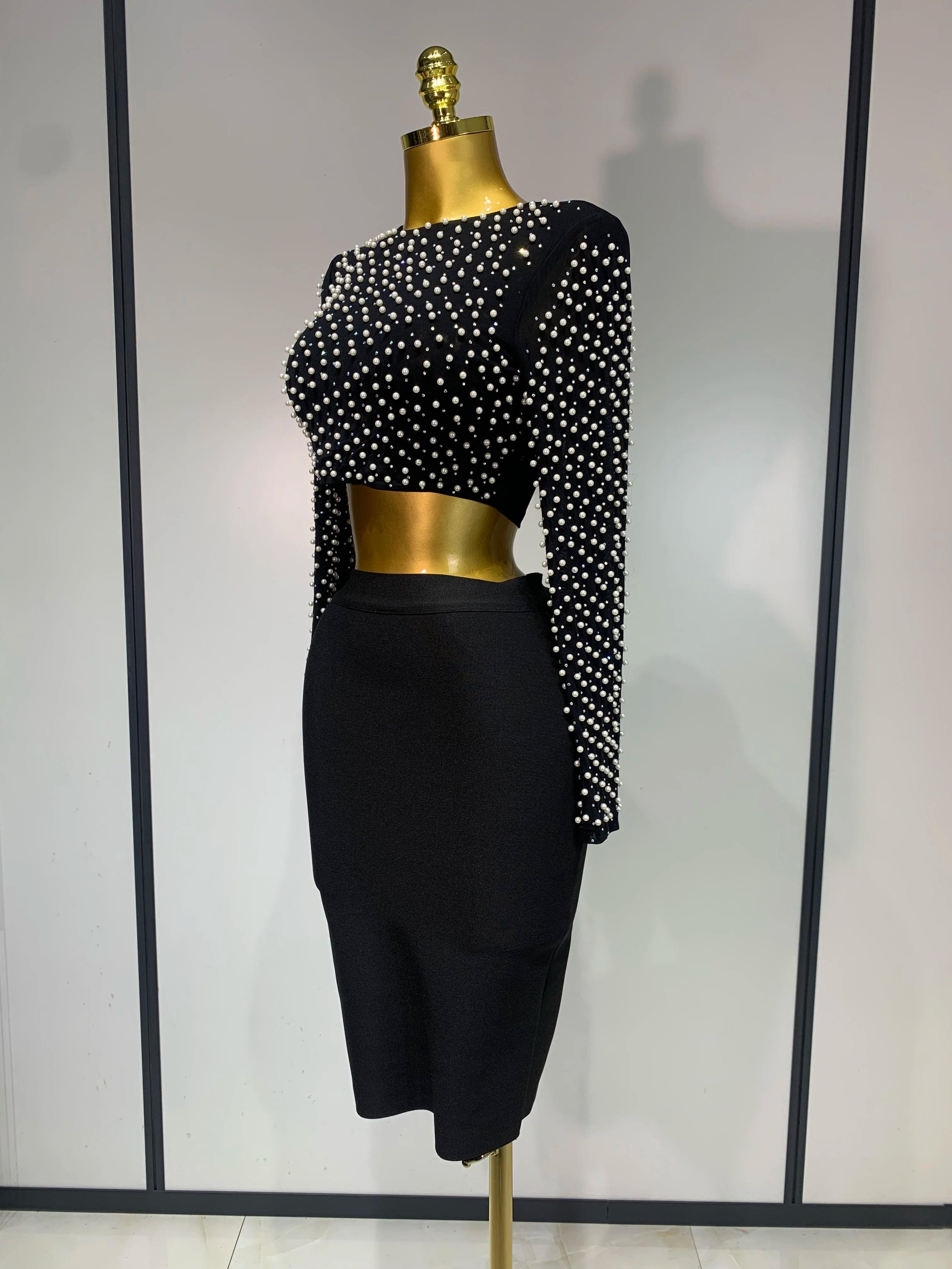 Women Sexy Long Sleeve Mesh Pearl Black Top Celebrity Midi Women Bandage Set 2025 Designer Evening Party Birthday Two Piece Set
