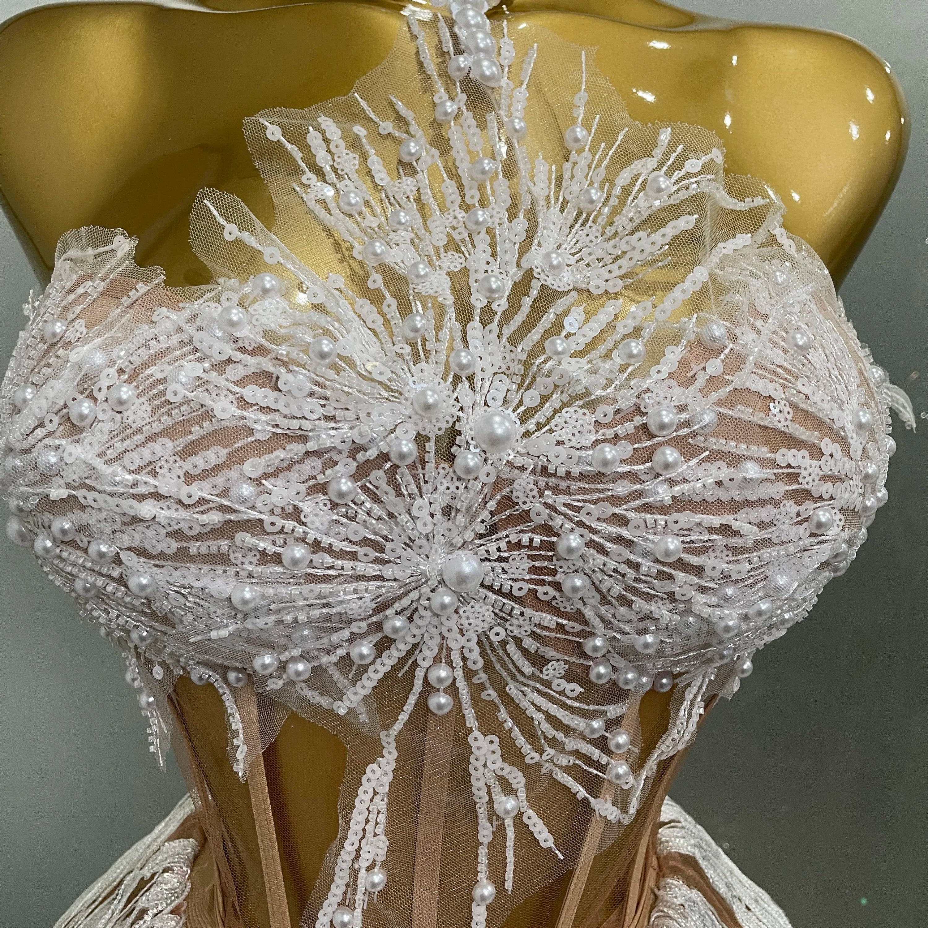 2025 Sexy Pearl Sequins Tassel Sleeveless Glitter Mini Dress Women Singer Bar Nightclub Stage Performance Clothing Show Outfit