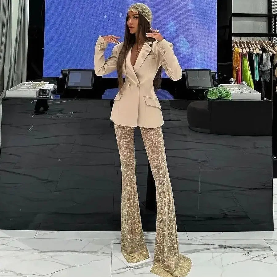 New Stylish Woman Oversize Suit Coat And Shining Diamonds Mesh Pants 2 Pieces Set Fashion Woman High Street Wear Party Outfit