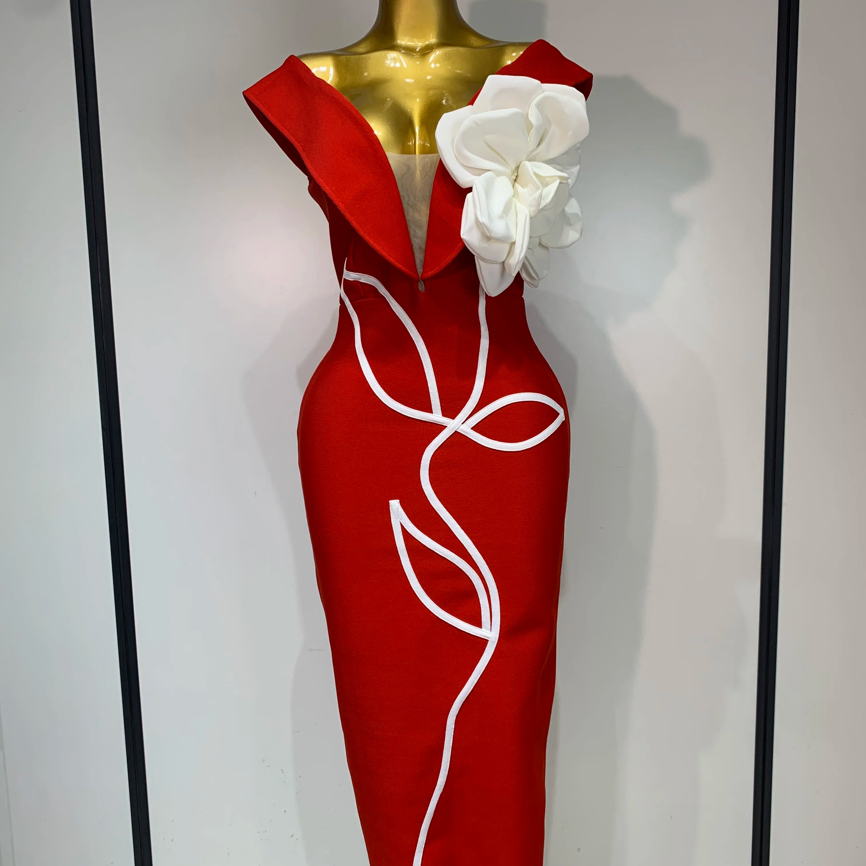 Women Sexy Off Shoulder Backless Bandage Dress Celebrity Elegant Flowers Evening Party Luxury Bithday Outfit Fashion Show Gowns Red