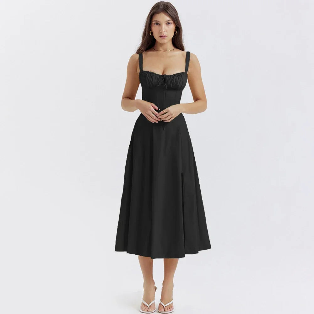 suninheart Elegant A Line Midi Dress Sexy Spaghetti Strap Lace Up Red Holiday Party Dresses Summer Dresses Women 2024 Wholesale black