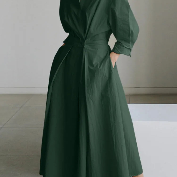 S-5XL Korean Fashion Long Sleeve Shirt Dress Chic Turndown Neck Ruched Maxi Dress Women 2022 Autumn Winter Clothes Streetwear green