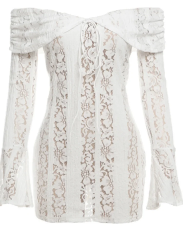 Vintage Cream Floral Lace Off Shoulder Maxi Dress Fashion Flare Long Sleeve Hollow Out Slim Dresses 2024 Elegant Lady Party Robe Silver