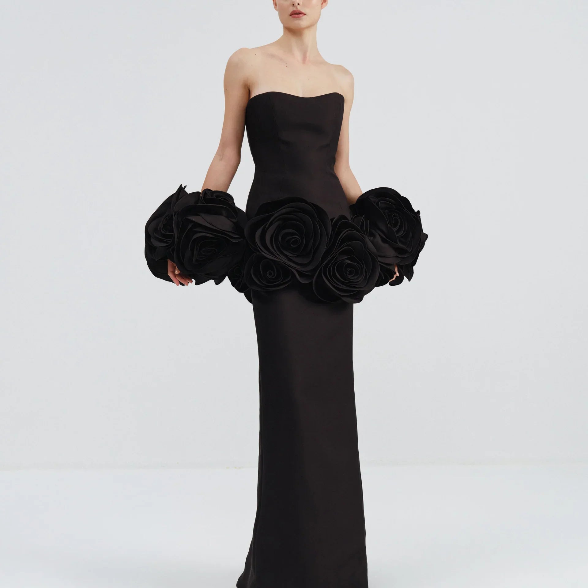 2025 Stereoscopic Flowers Strapless Bandage Ankle Length Evening Dress Fashion Woman Birthday Party Dress Celebrity Party Outfit black