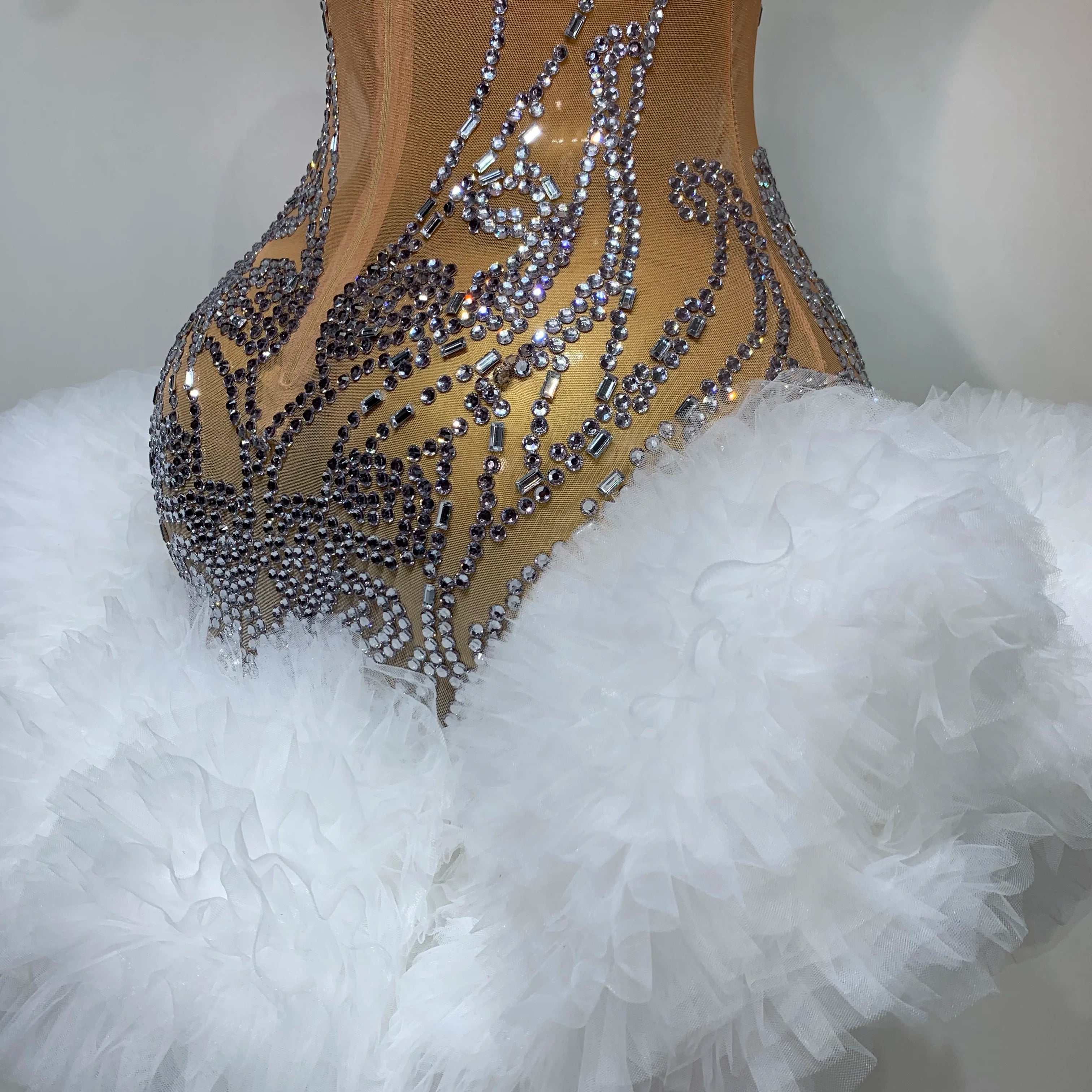 Luxury Women Sexy Sparkly Rhinestone Sleeveless Mesh See Through Bodycon Mini Birthday Dress Evening Party Performance Costume