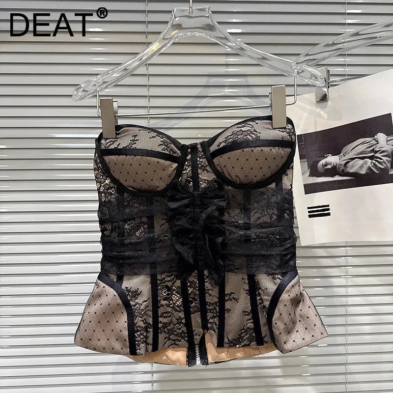 DEAT 2026 Spring New Fashion Three-Dimensional Lace Design Fishbone Waist Chest Pad Tank Top For Women Backless Vest 11A07825