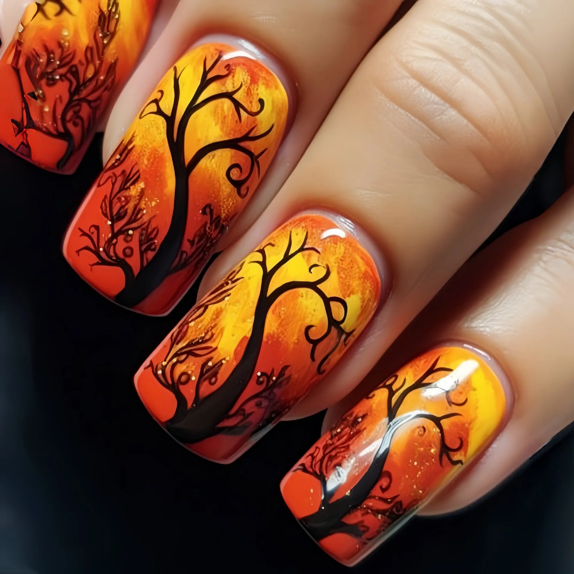 24pcs/set fake nails short middle ballet square nail tips Dreamy colors flowers clouds forest design press on false nails art 1614