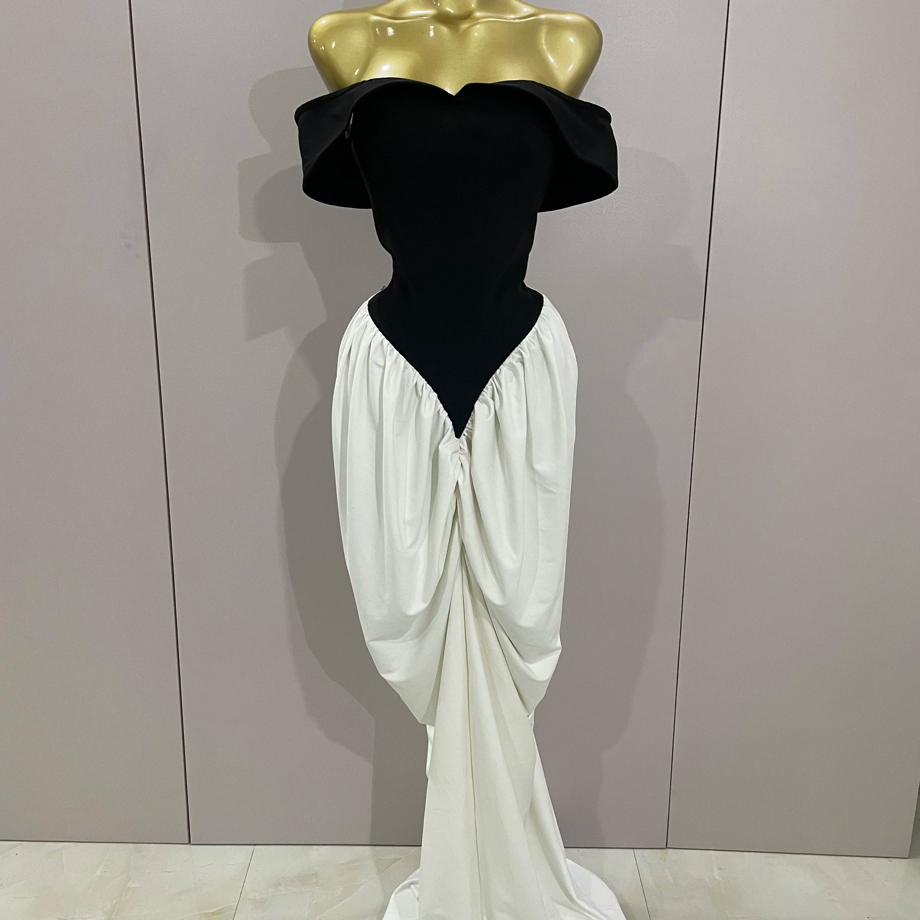 Sexy V Neck off-The-Shoulder Black And White Splicing Mermaid Floor-length dress 2025 Women Formal Evening Birthday Party Dress black