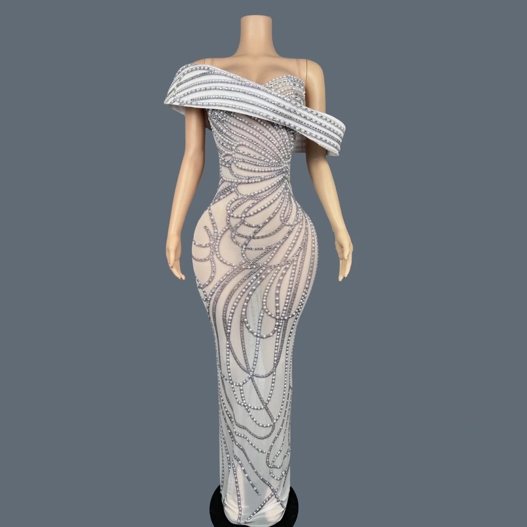 High-end Luxury Pearls Elegant Evening Gown Sheer Mesh Tight Fitting Long Dress Festival Prom Outfit Club Wear Party Dress Moli WHITE