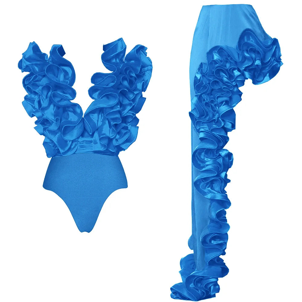 Women Sets Streetwear 2 Two-piece Suits Sexy Beach Holiday Ruffles Asymmetrical V-neck Bodysuit+Long Skirts Bikinis Sets Light Blue