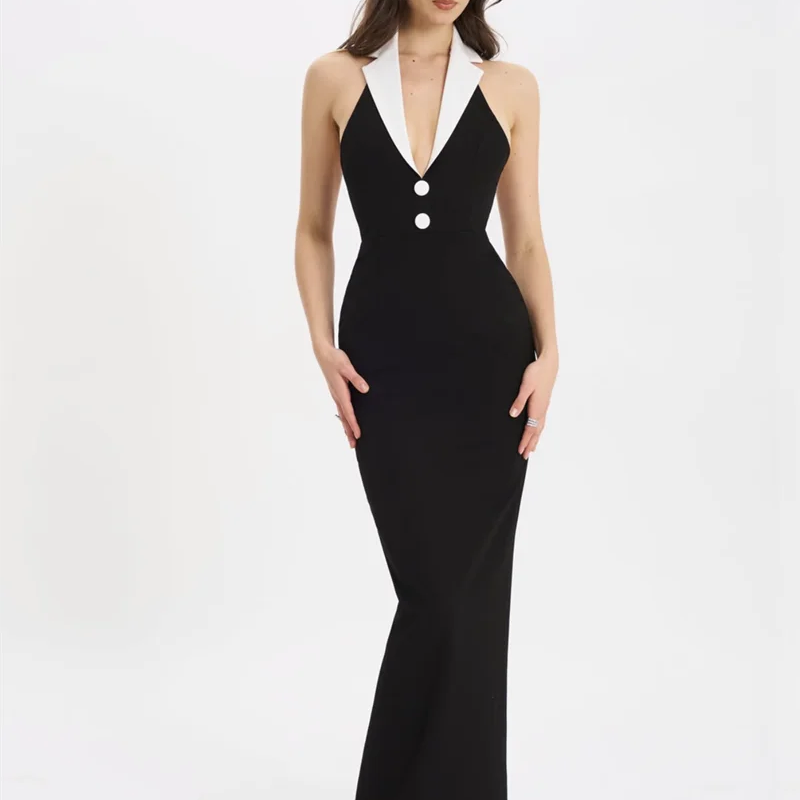 Black Color Women Sexy Halter Backless V-Neck Bodycon Long Bandage Maxi Dress High Street Elegant Evening Party Wear