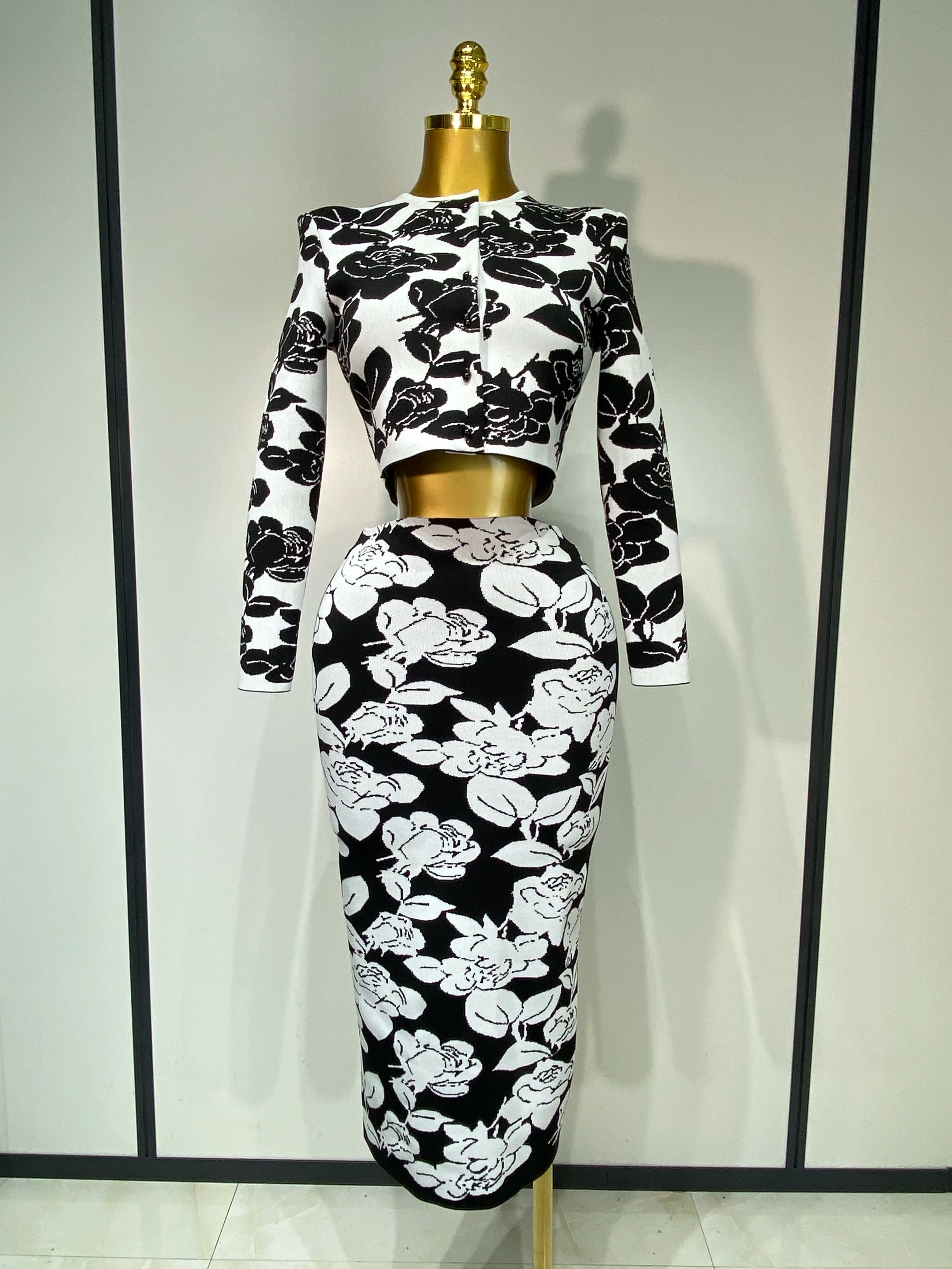 2025 Women Long Sleeve Jacquard Weave Two Pieces Set Celebrity Red Carpet Dress Birthday Bodycon Bandage Women's Set