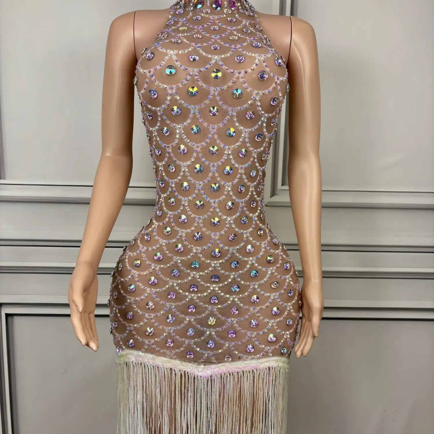 Elegant Women Luxury Sparkly Evening Dress Birthday Celebrate Party Dinners Outfit Tassel Crystals Sheer Mesh Prom Dress Langhua