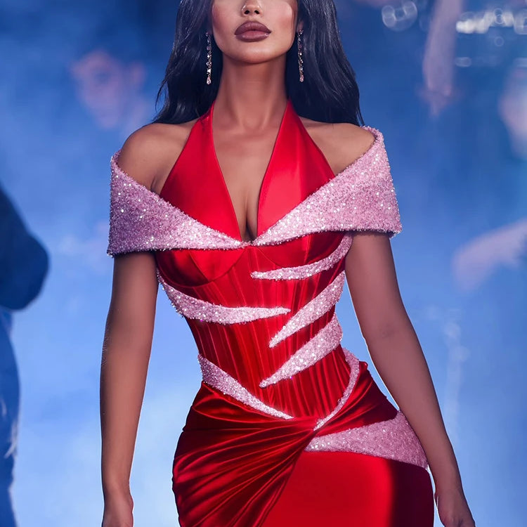 Red Mermaid Birthday Long Dress Off The Shoulder Sequins Details Sparkling Satin Pleated Prom Party Evening Gowns