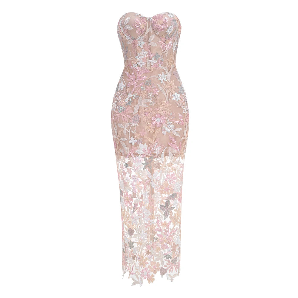 Floral Embroidery Sequins Long Dress Strapless Mesh Patchwork Backless Slim Cocktail Evening Party Gowns Pink