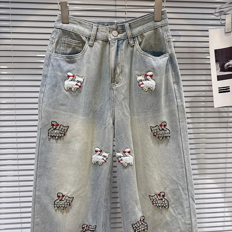 Autumn Winter New Heavy Industry Cartoon Rhinestone Embroidery Jeans For Women Straight Wide-leg Denim Pant 11A07802