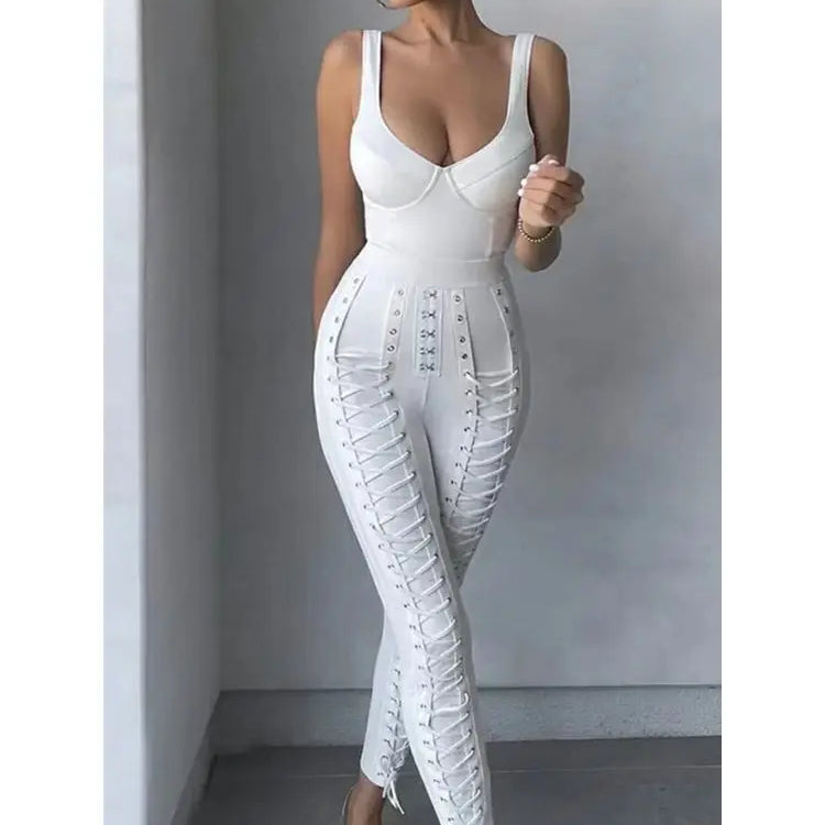 Black White sleeveless Weaving Rayon Bandage Jumpsuit Cocktail Party Bodycon Jumpsuit Vestidos WHITE