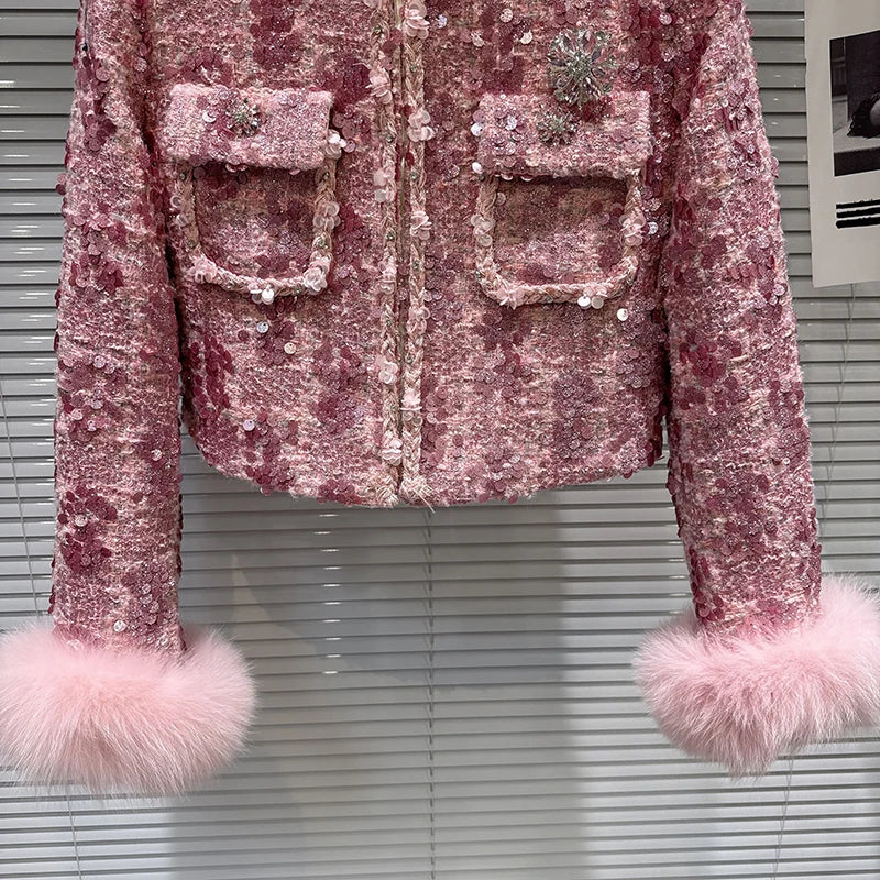 Winter New High-End Fox Fur Sleeve Sequin Tweed Cotton Lined Short Coat For Women Fashion Versatile Jacket 11A07501