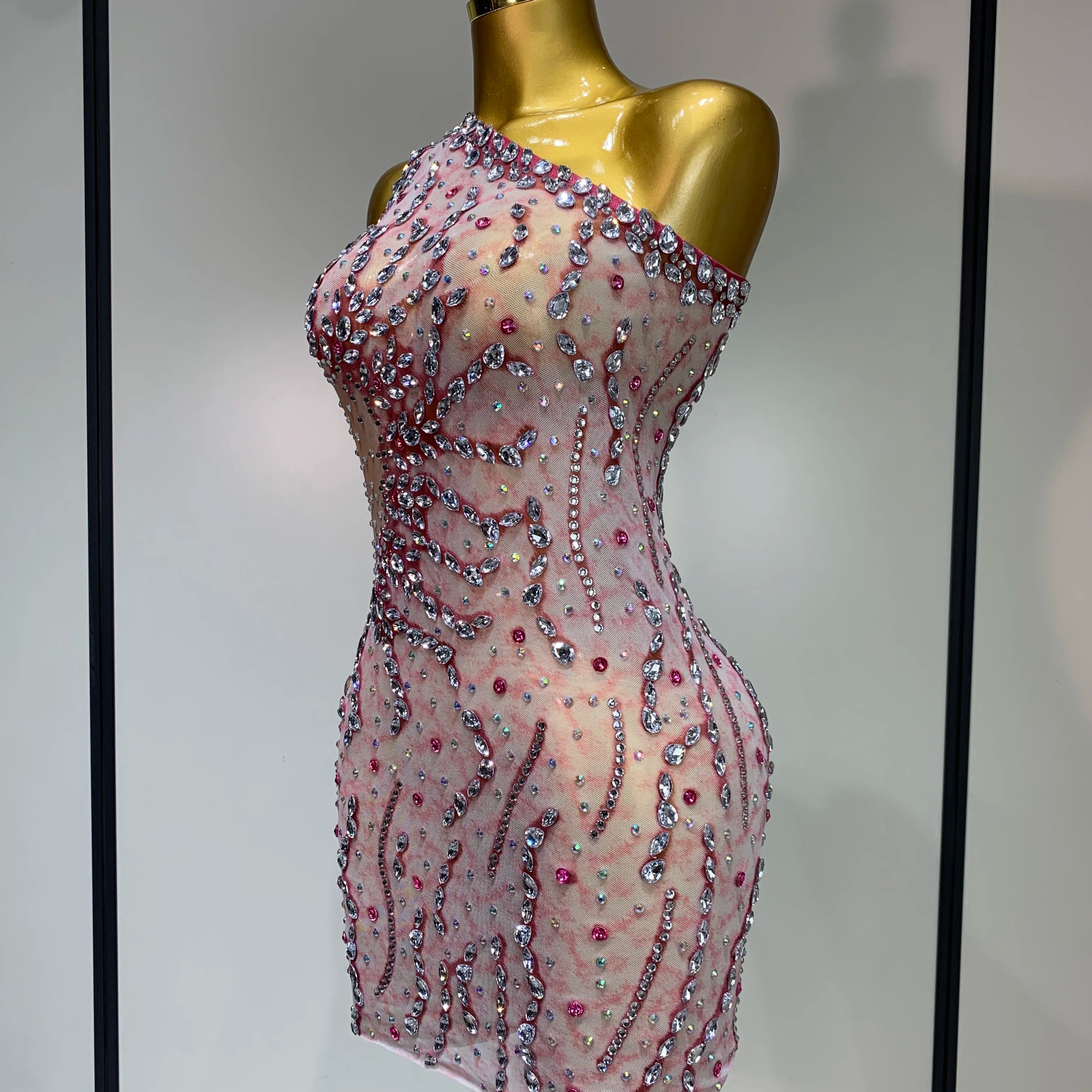 Women Sexy Mesh See Through Rhinestone Mini Dress Stage Dancer One Shoulder Stretch Night Club Party Birthday Dress Stage Outfit