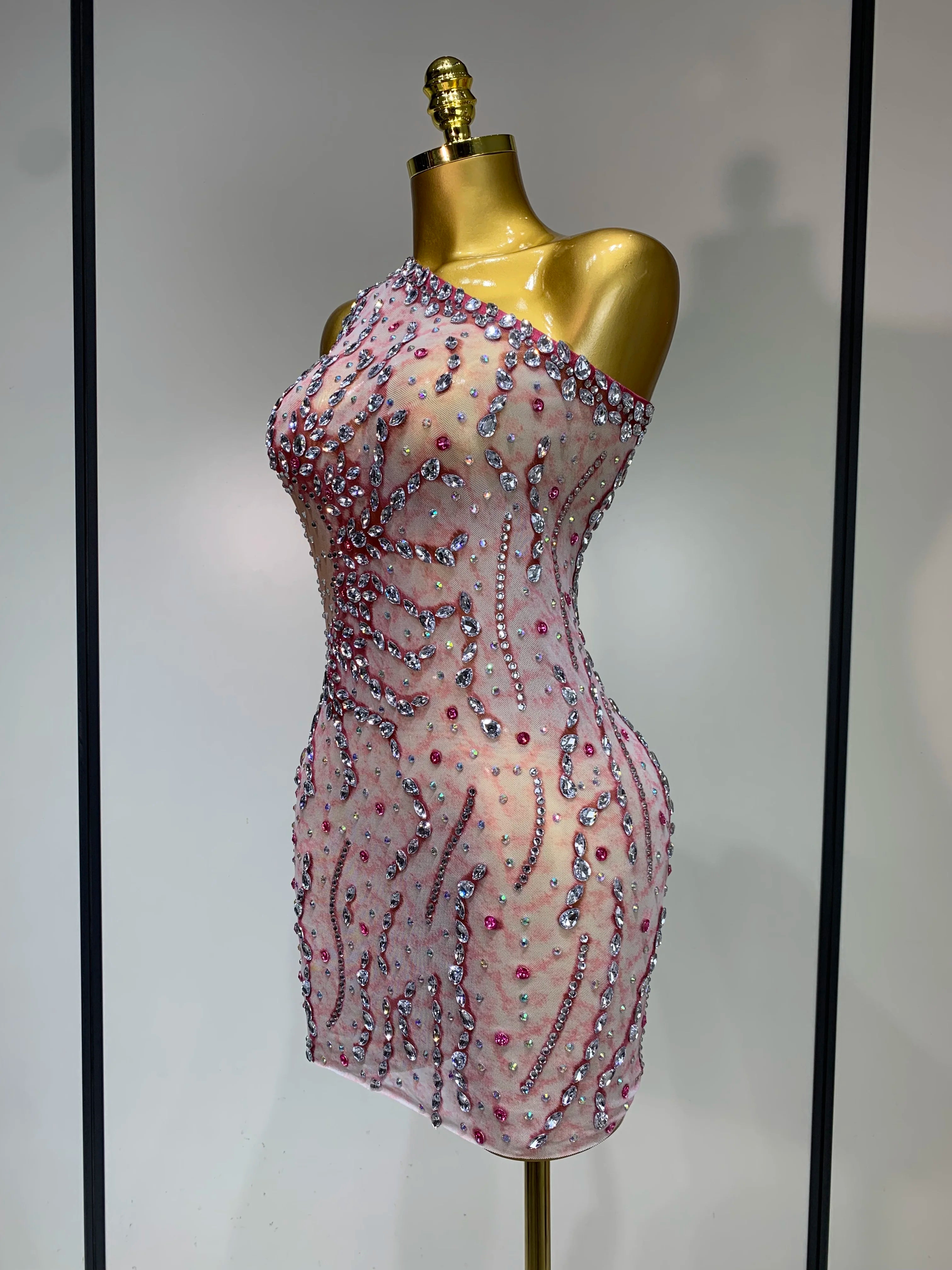 Women Sexy Mesh See Through Rhinestone Mini Dress Stage Dancer One Shoulder Stretch Night Club Party Birthday Dress Stage Outfit