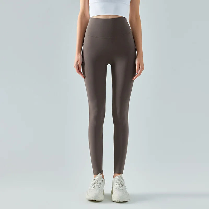 Emily Sportswear Naked High Waist Tight Yoga Pants Double-sided Brushed Peach Buttocks Lifting Running Sports Fitness Leggings Coffee brown