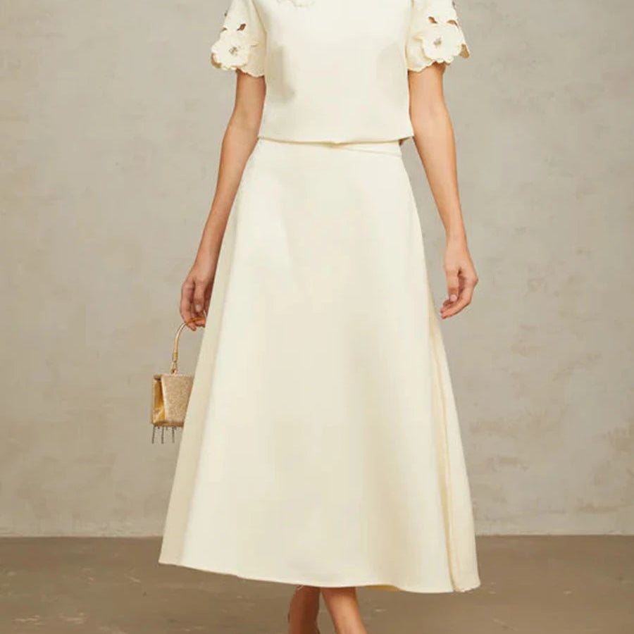 Solid Fashion Two Piece Sets for Women Round Neck Short Sleeves Patcwork Applique Top High Waist Skirt Set Female