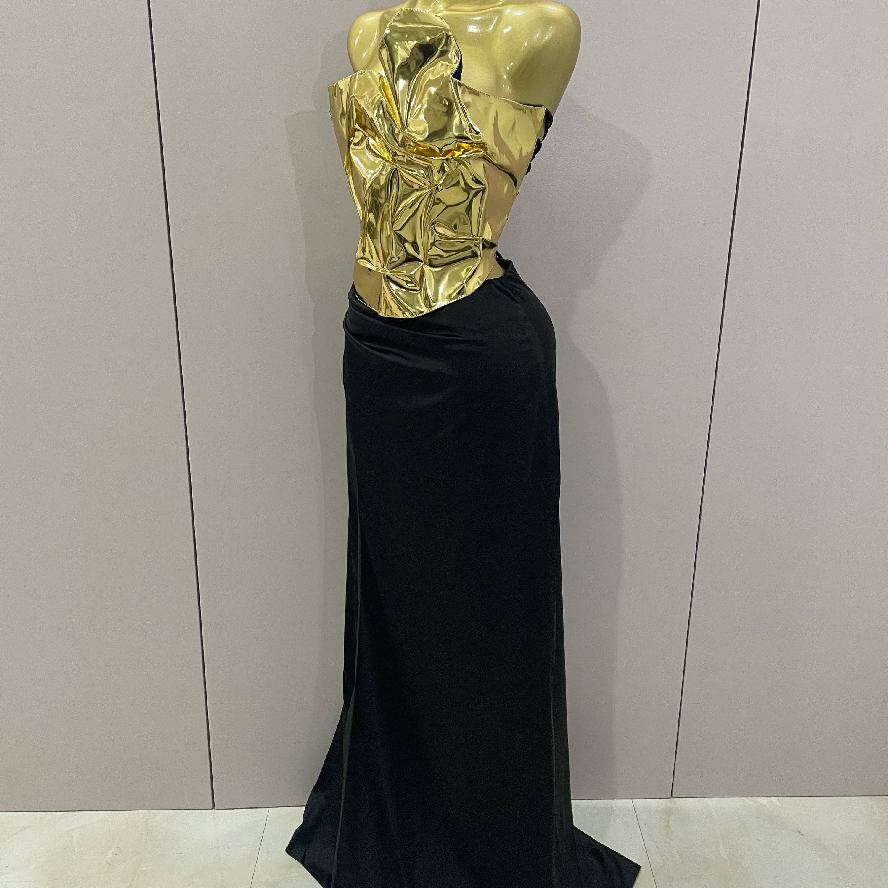 2025 Gold Color Sexy Laced-up Tops 2 Pieces Set Long Dress Women Celebrate Evening Party Celebrity Elegant Dress