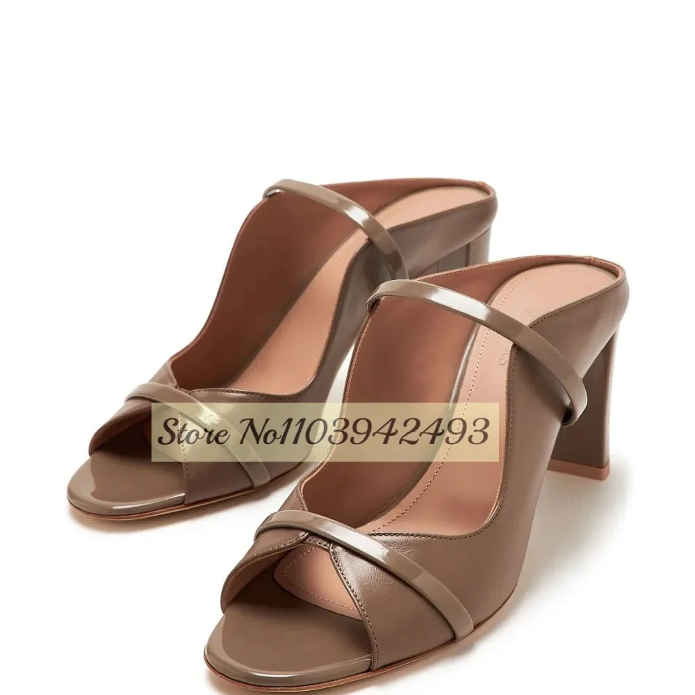 Burgundy Double Strappy Mule Sandals Peep Toe High Heels Shallow Slip On Pull On Thin High Heel Solid Women Luxury Designer Shoe grey