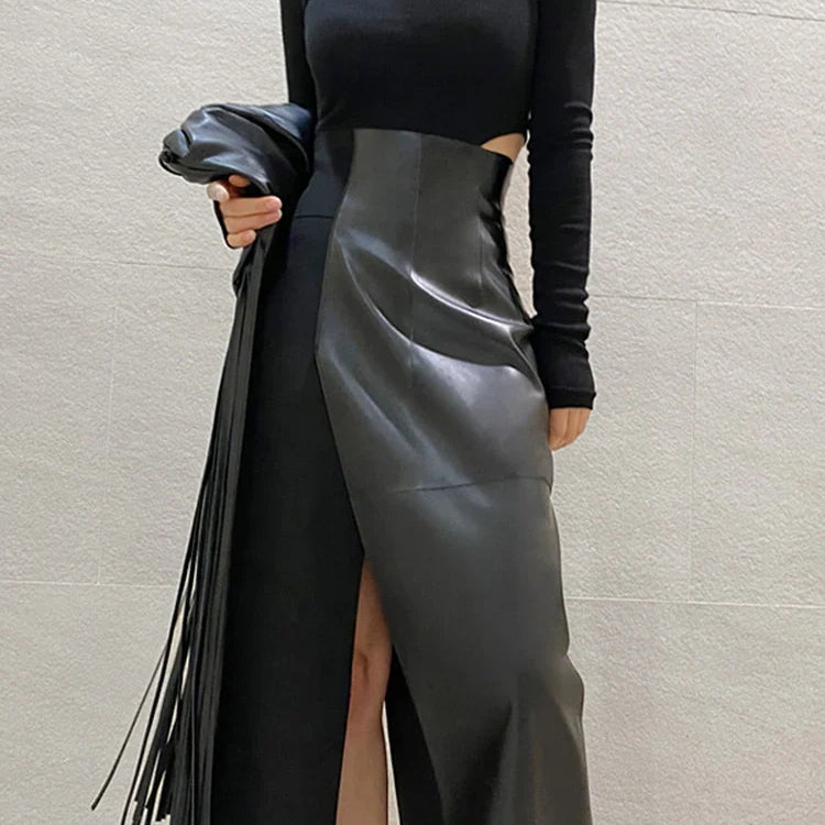 Spring Autumn Long Sexy Patchwork Pu Leather Midi Skirt Women with Slit High Waist 2024 Luxury Designer Clothes Fashion