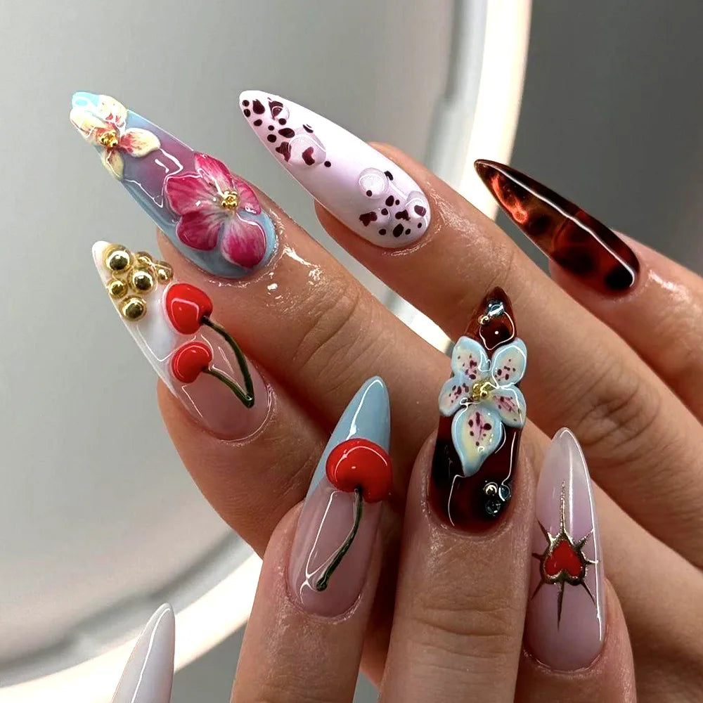 24Pcs Mid-length French Almond Full Cover Nails Tips Cherry Colorful Flower Design Press on Fake Nails Detachable False Nail Art FZ107-B7