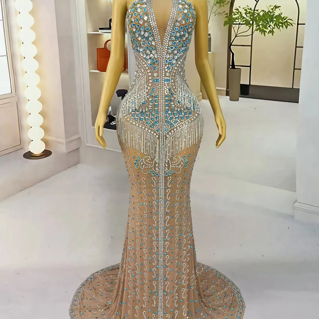 High-end Evening Gown Sparkly Diamonds Sheer Mesh Floor-length Dress Luxury Crystals Tassel Birthday Prom Ball Dress Lancaihua