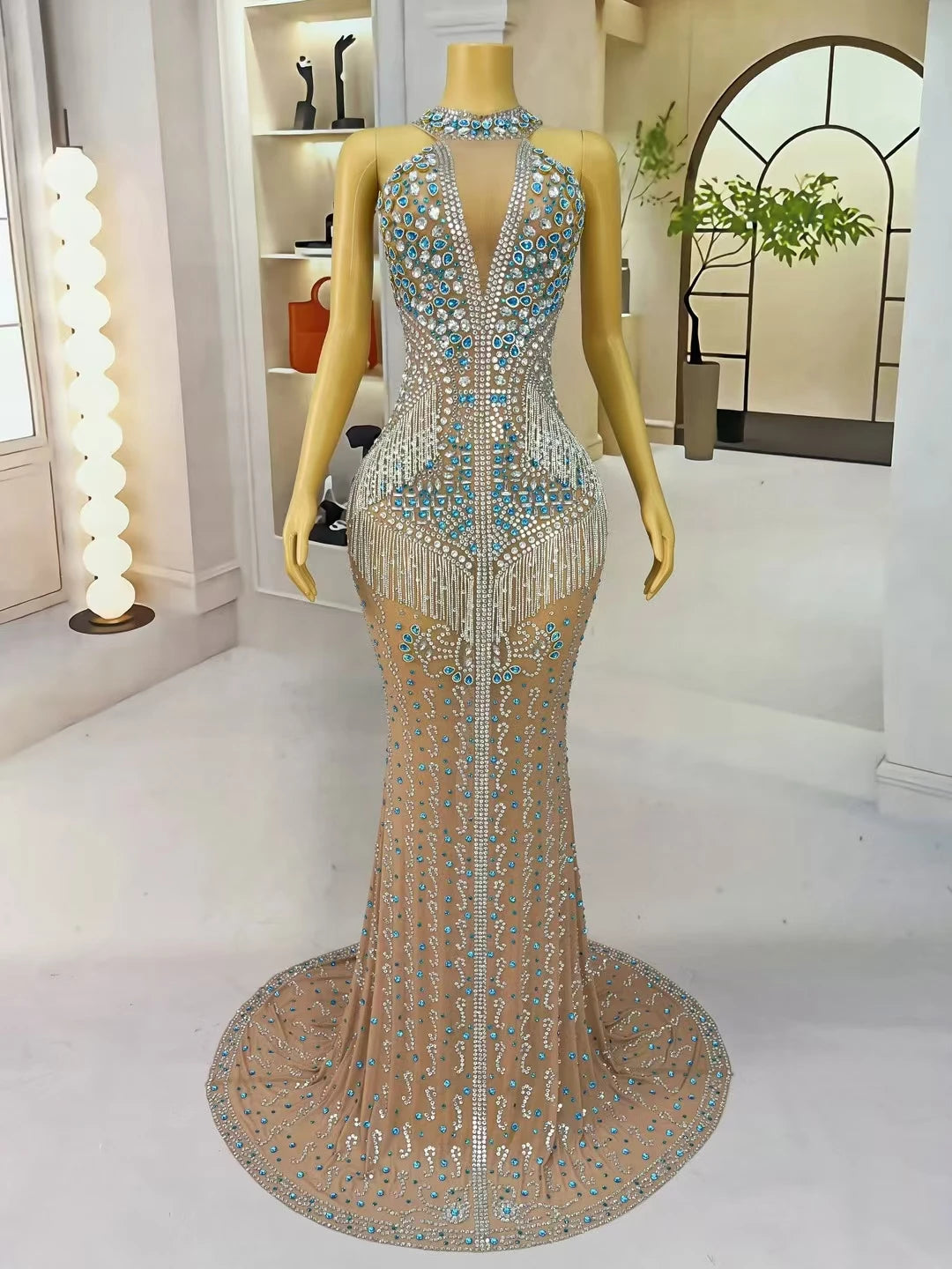 High-end Evening Gown Sparkly Diamonds Sheer Mesh Floor-length Dress Luxury Crystals Tassel Birthday Prom Ball Dress Lancaihua