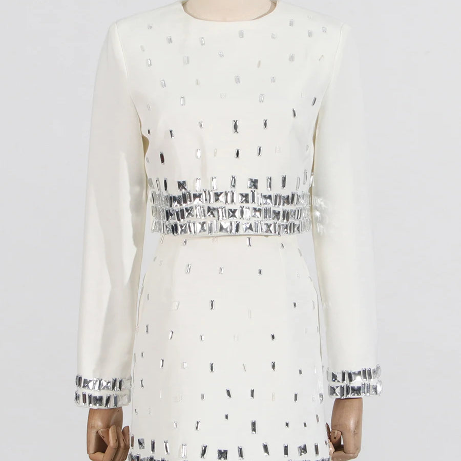 Solid Slimming Spliced Bead Two Piece Sets for Women Round Neck Long Sleeves Short Top High Wasit Skirt Set Female WHITE
