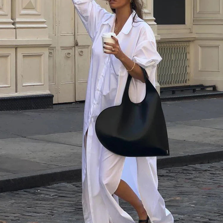 Casual Split Long Sleeved Maxi Dress For Women Elegant Lapel Single Breasted White Dresses Chic Lady High Streetwear Robes
