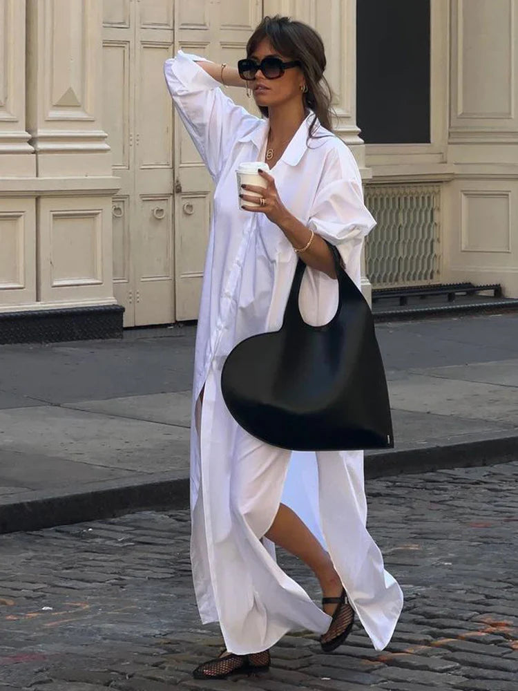 Casual Split Long Sleeved Maxi Dress For Women Elegant Lapel Single Breasted White Dresses Chic Lady High Streetwear Robes