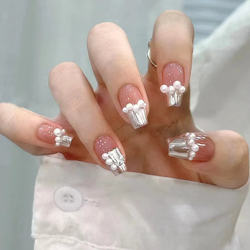 24Pcs Pink False Nails with Glue Ballerina Full Cover Nail Tips Simple Fake Nail with Star Rabbit Design Wearable Press on Nails