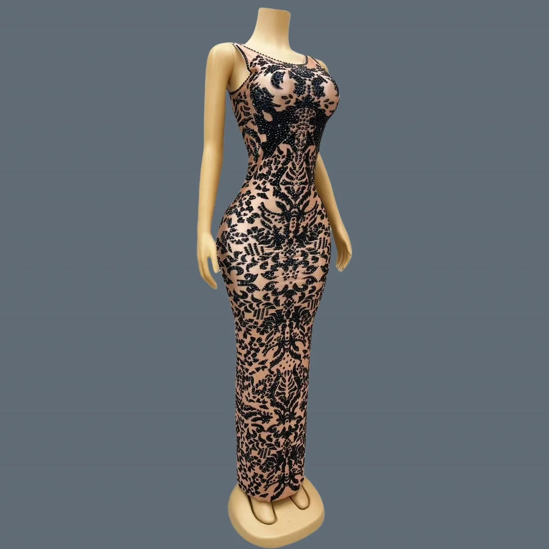 Women's Black Pattern Rhinestone Sparkly Ball Dress Birthday Luxury Dinners Sexy Maxi Dress Celebrate Party Evening Gown Heijiao