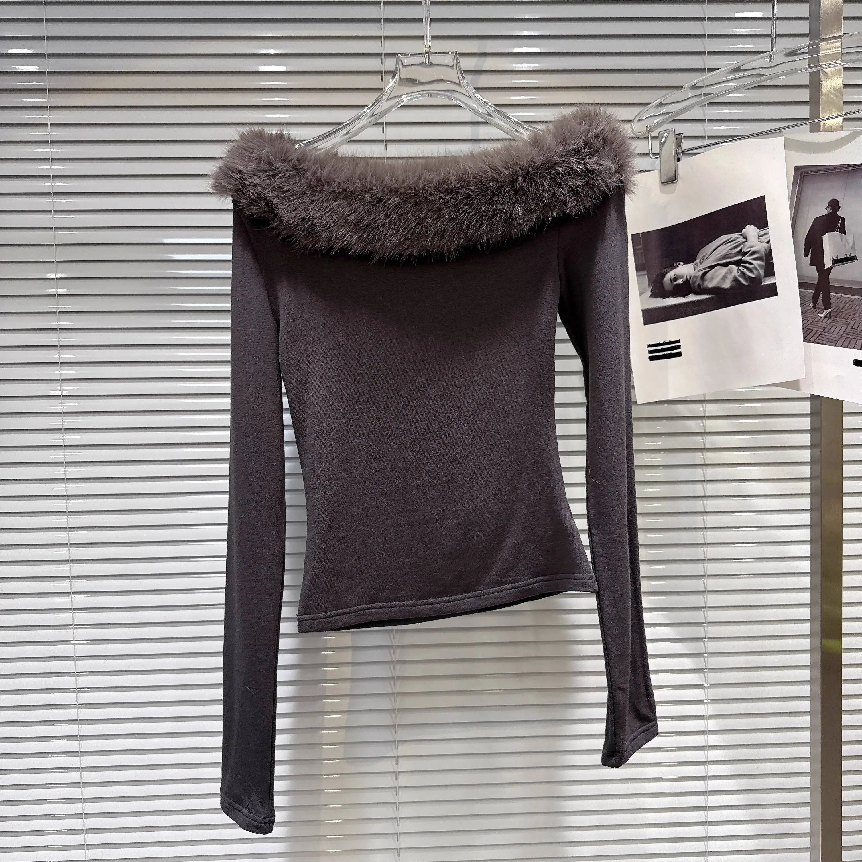 Winter New Fashionable Furry Collar Off-shoulder Long Sleeve T-shirt For Women Slim Fit Versatile Tops Female 11A07947 Dark Gray One Size