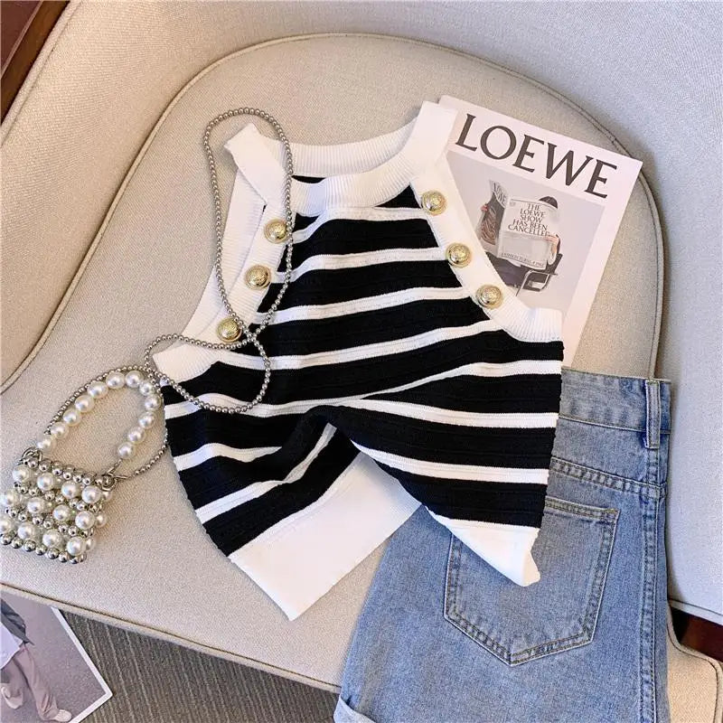 Halter Slim Striped Knitted Vests Women Crop Tops Summer Sleeveless Gold Buttons Knitwear Sexy Elegant Streetwear Vests black One Size
